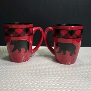 Bass Pro Shops Coffee Mug Tea Cup Bear Plaid Red Black Set Of Two